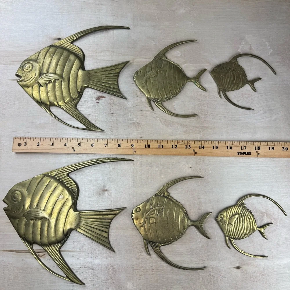 Vintage Brass Angelfish Wall Decor Set 6 Hollywood Regency MCM Fish Wall Art